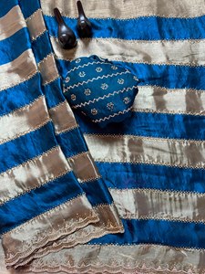 Sari en soie Royal Jarkhan fait main avec 9 patta et bordure ajourée, collection de luxe pour femmes, sari fantaisie de créateur - Product Image 3