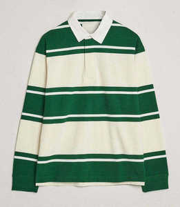 Men's Long Sleeve Striped Knitted <b>Polo</b> Shirt Green Cream Preppy Style Regular Fit - Product Image 1