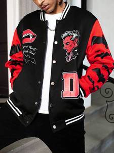 Black Red College Baseball <b>Jacket</b> <b>Men</b> Bat Print Graphic Sleeves Streetwear Varsity Double Breasted Front Thick Fleece Windproof - Product Image 3