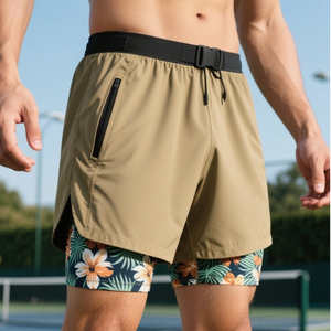 Shorts de sport pour homme à imprimé floral, séchage rapide, avec poche zippée, taille mi-haute, fermeture à cordon, tissu tricoté en spandex et polyester - Product Image 6