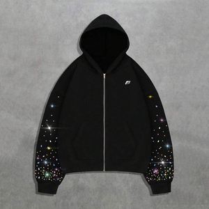 เสื้อฮู้ดซิปสี Y2K ประดับเพชรเทียม แขนเสื้อแต่งซิป ผ้าฟลีซหนานุ่ม 100% คอตตอน สตรีทแวร์ เสื้อฮู้ดผู้ชาย รับทำโลโก้ สั่งซื้อจำนวนมาก จัดส่งจากสหรัฐอเมริกา - Product Image 5