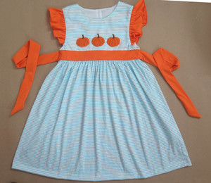 Vestido de bebé con estampado de calabaza y punto francés en 3D, corte en A, personalizado, OEM, ODM, manga corta, 100% algodón - Product Image 4