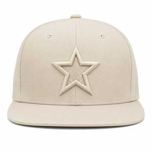 Beige 3D Embroidered Star 5 Panel <b>Snap</b> back <b>Cap</b> Flat Brim Acrylic Woven Label Custom Logo Street wear Hat - Product Image 1