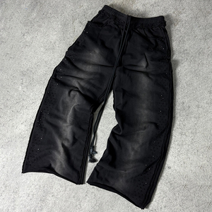 Pantalon Harem Homme Noir Respirant à Taille Élastique avec Cordon de Serrage, Déchirures Décontractées, Mi-Épais, en Tissu Peigné Anti-Boulochage, Lavage Acide, pour l'Automne - Product Image 1