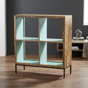 Estante de Almacenamiento Rústico de Madera y Hierro con 4 Cubos Cuadrados, Estantes Abiertos y Acabado Reciclado para Sala de Estar - Product Image 4