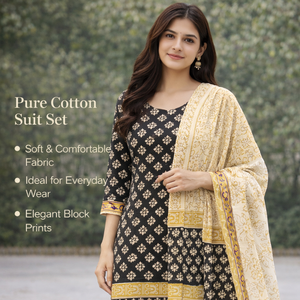 Traje Punjabi Ecológico Beige y Negro con Estampado Floral |   Conjunto de Kurti y Pijama de Algodón Hecho a Mano con Estampado de Bloques y Borde Decorativo |   Maestro de Sarong Indio - Product Image 4