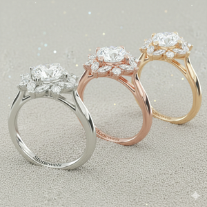 Bague de fiançailles vintage plaquée or rose avec halo de diamants marquise et certification - Product Image 5