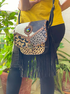 高品质动物印花真皮麂皮流苏串珠女流苏肩包奢华设计师牛仔斜挎包 - Product Image 3