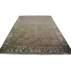 Alfombra Medallón Transicional de Lana Anudada a Mano con Acabado Desgastado, Color Salvia y Rosa Empolvado, 10' x 14', Pelo Bajo, Para Uso Doméstico - Product Image 2