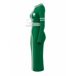 Robe midi moulante verte à manches longues pour femme Iota Phi Lambda avec accents rayés blancs, col rond, grande taille, coupe ajustée, robe décontractée - Product Image 4
