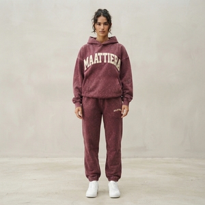 Custom <b>Burgundy</b> Washed Hoodie and Jogger Sweatpants Set Women Cotton Fleece Casual Tracksuit OEM ODM Wholesale - Product Image 1