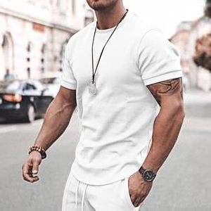 Conjunto de Camiseta y Pantalones Cortos de Algodón Blanco para Hombre, Cuello Redondo, Formal, Bordado, Transpirable, de Secado Rápido, para Verano, Tela No Tejida, Color Sólido - Product Image 4