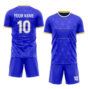 Custom Blue Soccer Uniform Men's Short Sleeve Jersey With Geometric Print Quick Dry Polyester Training Kit Adult Size - Product Image 1