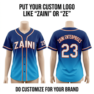เสื้อเบสบอลแขนสั้นผ้าโพลีเอสเตอร์ระบายอากาศได้ดี 180 GSM พรีเมียม ซับเหงื่อ สีน้ำเงินไล่เฉด พร้อมโลโก้สั่งทำพิเศษ ขอบสีส้มขาว - Product Image 1