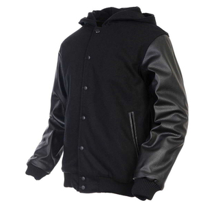 Chaqueta Varsity Negra para Hombre con Mangas de Cuero PU con Capucha, Cierre de Botones, Estilo Casual para Otoño, Corte Regular - Product Image 1