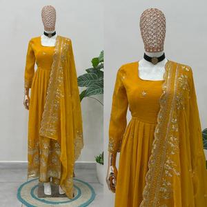 New Trendy Crunchy Silk Material Heavy Anarkali Gowns with Heavy Embroidery Sequence Zari Work with Work Dupatta and Bottom - Product Image 5