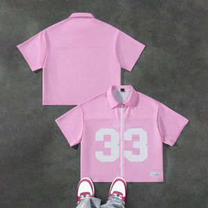 Camisa Oversize Rosa Personalizada con Cremallera y Estampado de Números para Mujer, Estilo Urbano, Proveedor Mayorista de Moda - Product Image 1