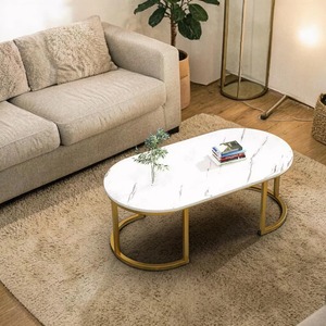 Mesa de Centro Ovalada de Estilo Moderno con Aspecto de Mármol Antiguo y Estructura Metálica para Sala de Estar, por KS International - Product Image 3