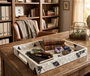 Handcrafted <b>Rectangle</b> Mother of Pearl Decorative Serving Tray with Handle for <b>Coffee</b> <b>Table</b>, Ottoman & Home Decor from Vietnam - Product Image 5