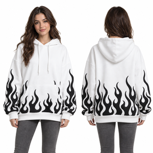 Sweat-shirt à capuche oversize pour femme, couleur bordeaux, pour impression en relief, motif flamme, en molleton de coton tricoté, coupe classique, streetwear d'hiver - Product Image 6