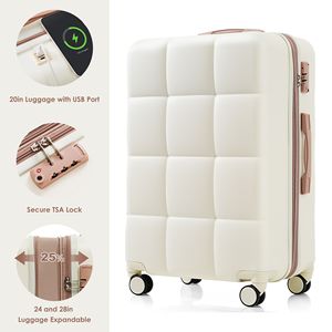 3 pezzi da 20 pollici con guscio rigido in ABS bianco Set bagaglio porta porta USB aereo certificato bagaglio a mano con supporto Spinner ruote - Product Image 4