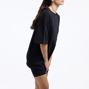 Camiseta de punto transpirable de manga corta con cuello redondo para mujer, corte regular, color liso, estilo casual urbano, hombro caído, venta al por mayor - Product Image 2