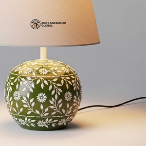 Handmade Round Green Floral Bone Inlay <b>Table</b> <b>Lantern</b> with Fabric Shade – Decorative Bedside Nightstand <b>Lamp</b> for Living Room - Product Image 6
