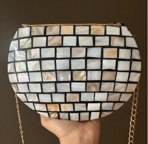 Elegant Gold Chain Iridescent Mosaic Mother <b>Pearl</b> <b>Clutch</b> Purse Handcrafted Unique Bridal Accessory for Summer Zipper Fashion - Product Image 3