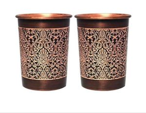 Copper Double Wall Tumbler Set of 2 with Handle and Straw Etching Pattern Unique <b>Ring</b> Design Eco-Friendly Gifting Option - Product Image 1
