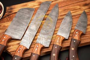 Ensemble de couteaux de cuisine en acier Damas de qualité supérieure, 5 pièces, style japonais, couteau de chef, couteau Santoku, couteau utilitaire avec manche en bois - Product Image 4