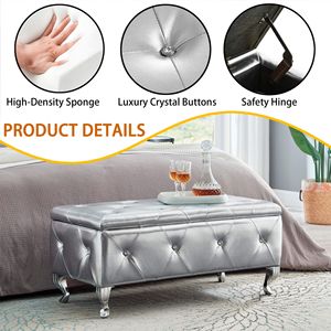 Faux Leather Rectangular <b>Storage</b> Ottoman Bench for Bedroom Upholstered End Bed Footrest with Crystal Buttons <b>Stools</b> & Ottomans - Product Image 6