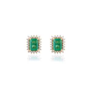 18K Solid Gold Oval Cut <b>Emerald</b> & Diamond Halo <b>Stud</b> <b>Earrings</b> - Product Image 3