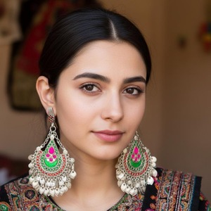 Boucles d'oreilles chandelier tribales afghanes élaborées, ornées de cascades de pièces de monnaie à trois niveaux, de montures en pierre turquoise polie et de détails complexes - Product Image 3