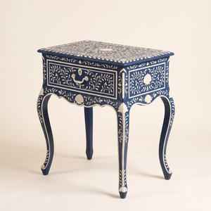 Luxury French Style Navy Blue Bone Inlay Nightstand 1 Drawer Floral Handmade <b>Bedside</b> <b>Table</b> for Luxury Living Unique Nightstand - Product Image 4