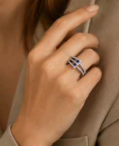 925 Sterling <b>Silver</b> Rhodium Plated Multi-Row CZ <b>Ring</b> with Pink & Blue Stones | Luxury <b>Statement</b> <b>Ring</b> for Women - Product Image 5