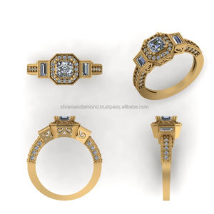 High Quality 10K Solid Gold Baguette <b>Emerald</b> Milgrain Halo Moissanite Diamond Original Fine <b>Rings</b> For Women's Wedding Engagement - Product Image 5