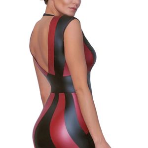Women's Black Red PU Leather Bodycon Dress Deep V Neck Sleeveless Backless Midi Party Clubwear Contrast Color Blocking Fitted - Product Image 3