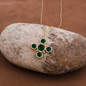 Bohemian Green Gemstone Cross <b>Necklace</b> - Antique Gold Finish <b>Statement</b> Jewelry for Women V - Product Image 1