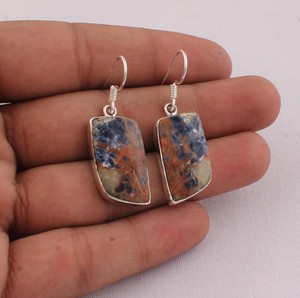 925 Sterling <b>Silver</b> Sunset Sodalite <b>Earrings</b> Natural Blue and Orange Gemstone Rectangular <b>Dangle</b> <b>Earrings</b> Handmade Jewelry Whole - Product Image 1