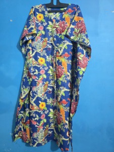 Caftán Indio Hecho a Mano, Ecológico, de Algodón Azul con Estampado de Aves, Vestido Casual Holgado, Cintura Natural, Kimono Ligero - Product Image 2