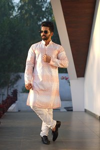 Ensemble Kurta Pyjama Homme en Coton PC Lourd Brodé Imprimé Effet Ombré Tenue Traditionnelle Ethnique Élégante pour Mariage et Fêtes - Product Image 2