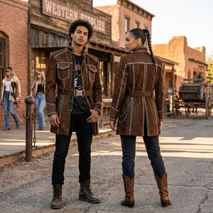 Custom Mens Brown Hairon <b>Leather</b> <b>Jacket</b> Supplier Wholesale Studded Longline Cowhide Outerwear Factory Exporter Manufacturing - Product Image 5