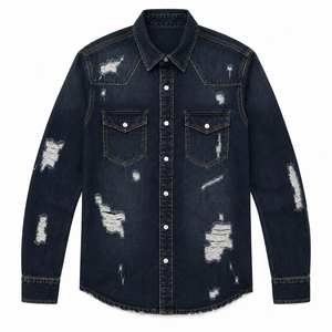 Chemise en jean déchirée et vieillie pour homme, style streetwear, surchemise décontractée en coton lavé, veste de travail vintage personnalisée - Product Image 2