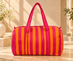 Sac de voyage matelassé rayé en coton grande capacité avec fermeture éclair, rose et orange - Product Image 1
