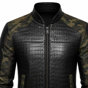 <b>Mens</b> Black Crocodile Embossed Faux <b>Leather</b> <b>Jacket</b> with Camouflage Sleeves OEM ODM Custom Logo Private Label Wholesale Outerwear - Product Image 3