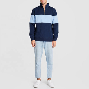 Vornex Industry <b>Men</b> Cotton <b>Fleece</b> Quarter Zip Sweatshirt Color Block <b>Navy</b> Sky Blue Ribbed Collar Pullover Custom Manufacturer - Product Image 4