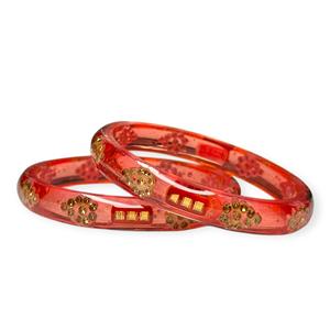 Conjunto de Brazaletes Acrílicos Color Durazno con Diseño de Corte Esmeralda y Perlas de Imitación Brillantes, Estilo Étnico Vintage, Chapado en Oro, para Bodas - Product Image 1