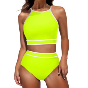 Ensemble de maillot de bain sportif 2 pièces pour femme, color-block, col rond, sans manches, court, en Spandex/Polyester, écologique, respirant, séchage rapide - Product Image 2