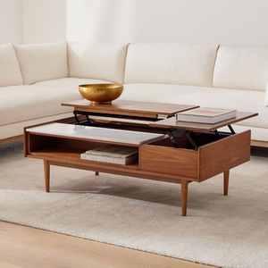Mesa de Centro de Teca Sólida de Primera Calidad, Estilo Moderno de Mediados de Siglo, con Tapa Elevable, Almacenamiento Oculto y Superficie con Detalles de Mármol - Product Image 5