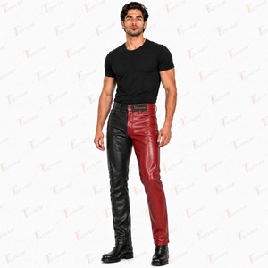 Pantalones de Cuero para Hombre Thorbeak, Diseño Color Block, Cintura Alta, Estilo Motociclista, Negro y Rojo, Cierre de Cremallera - Product Image 2